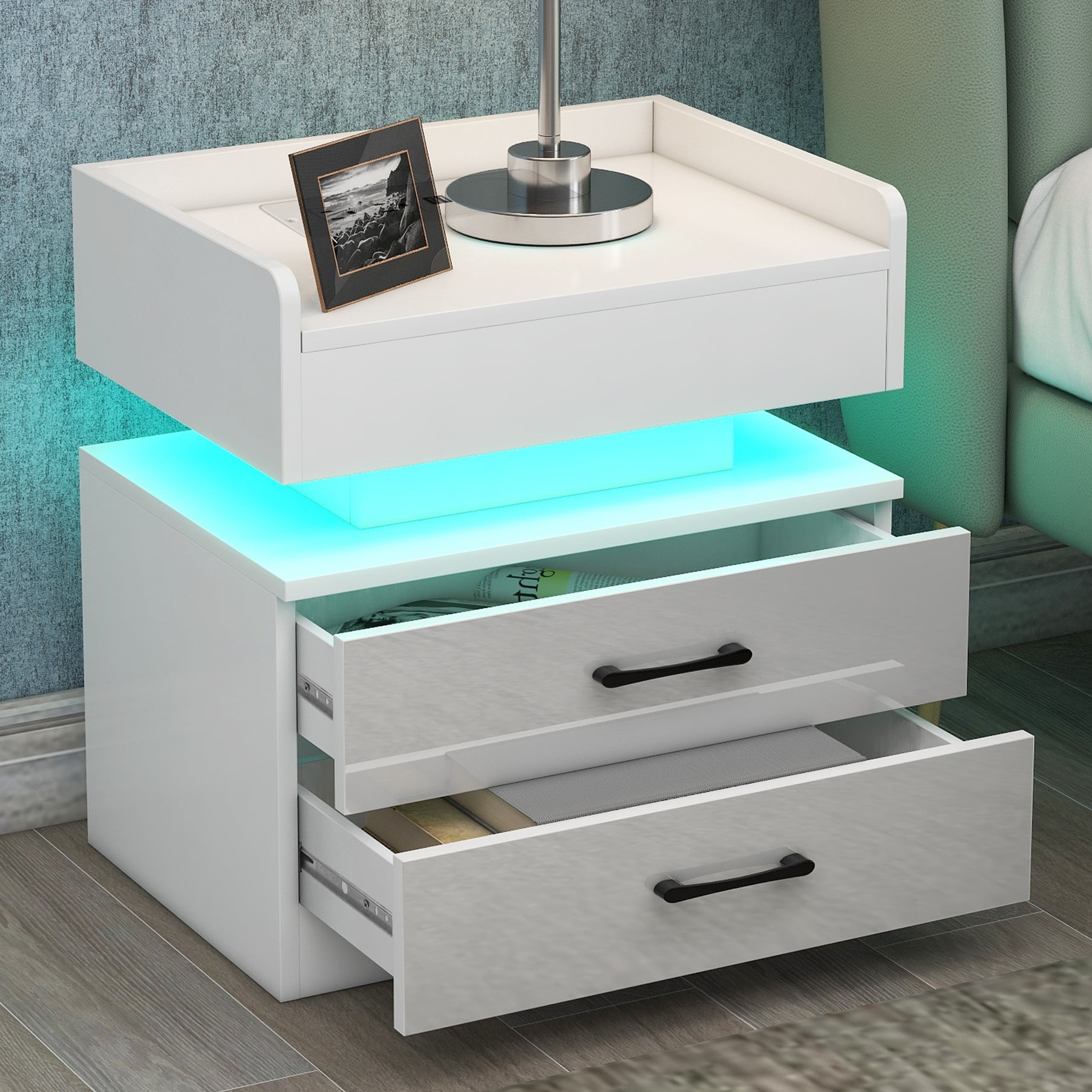 Modern White Night Stand with LED Lights and Charging Station