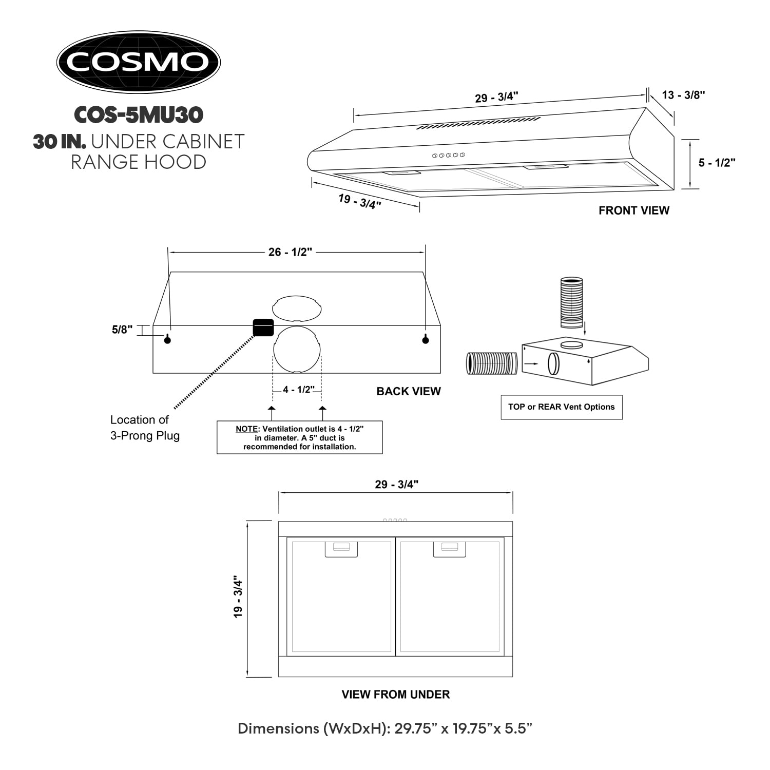 Cosmo 5MU30, 30, Under-Cabinet Range Hood, 200-CFM