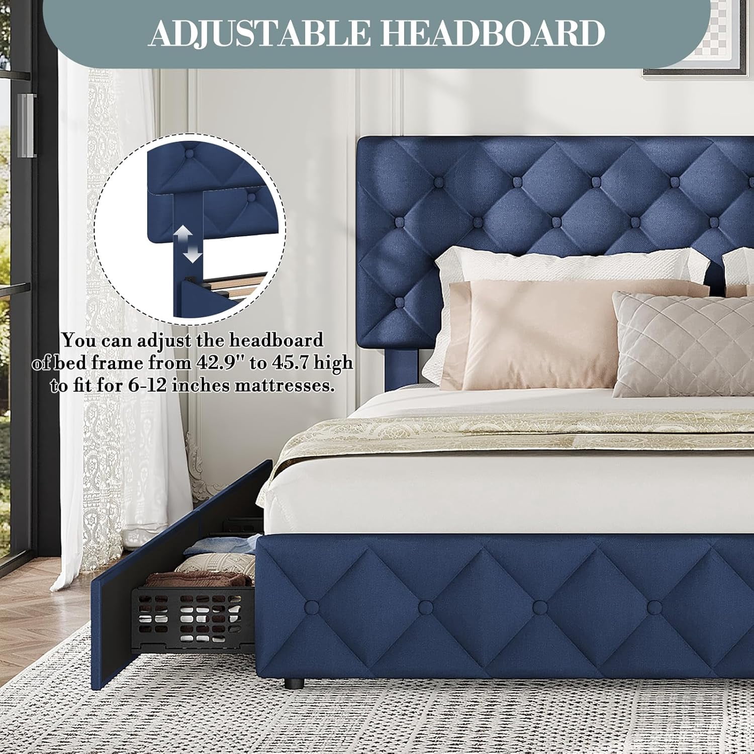 Eastvita King Size Bed Frame with 4 Storage Drawers & Adjustable Headboard, Blue