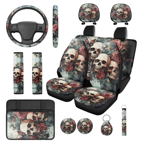 KUIFORTI Skulls Rose Car Seat Covers Set of 14 with Auto Center Console Armrest Pad Car Headrest Covers Steering Wheel Cover Seat Belt Pads Cars Cup Coasters for Most Cars
