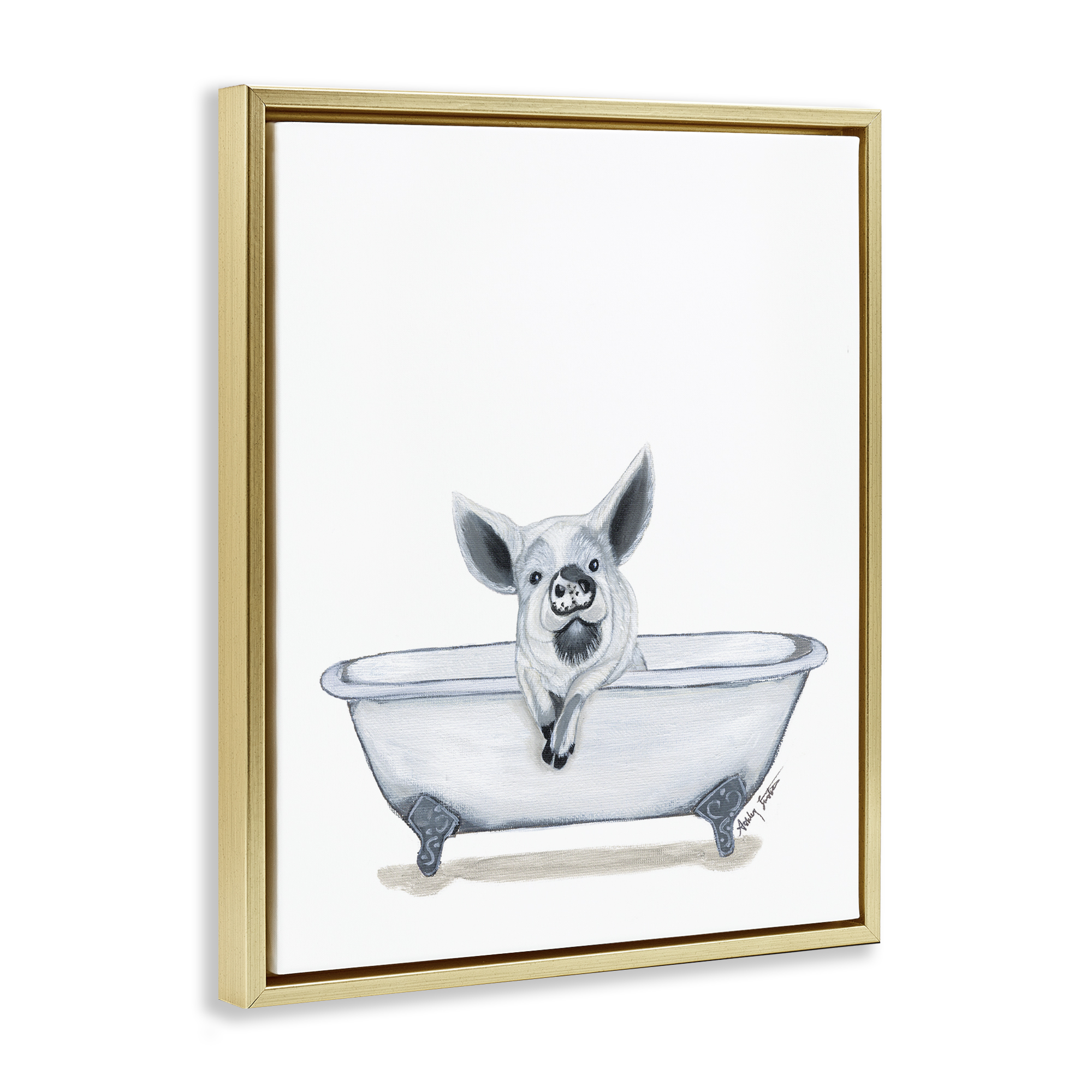 Stupell Industries Pig in Tub Sketch Bath & Laundry Painting Gold Floater Framed Canvas Art Print Wall Art, 17 x 21