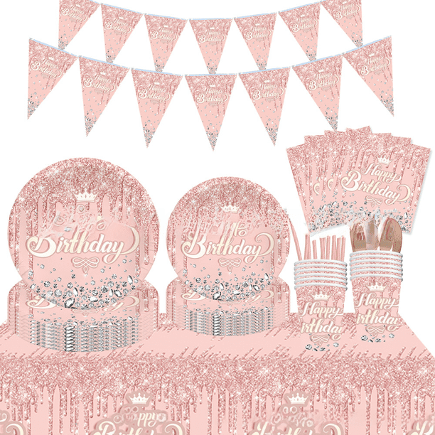 Vajilla para fiesta de cumpleaños con diamantes rosas, plato de papel, toalla de papel, mantel, suministros decorativos para fiestas