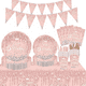 thumbnail image 1 of Vajilla para fiesta de cumpleaños con diamantes rosas, plato de papel, toalla de papel, mantel, suministros decorativos para fiestas, 1 of 4