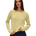 thumbnail image 3 of Women's Boat Neck Striped Open Knit Relaxed Fit Pullover Sweater Yellow L, 3 of 8