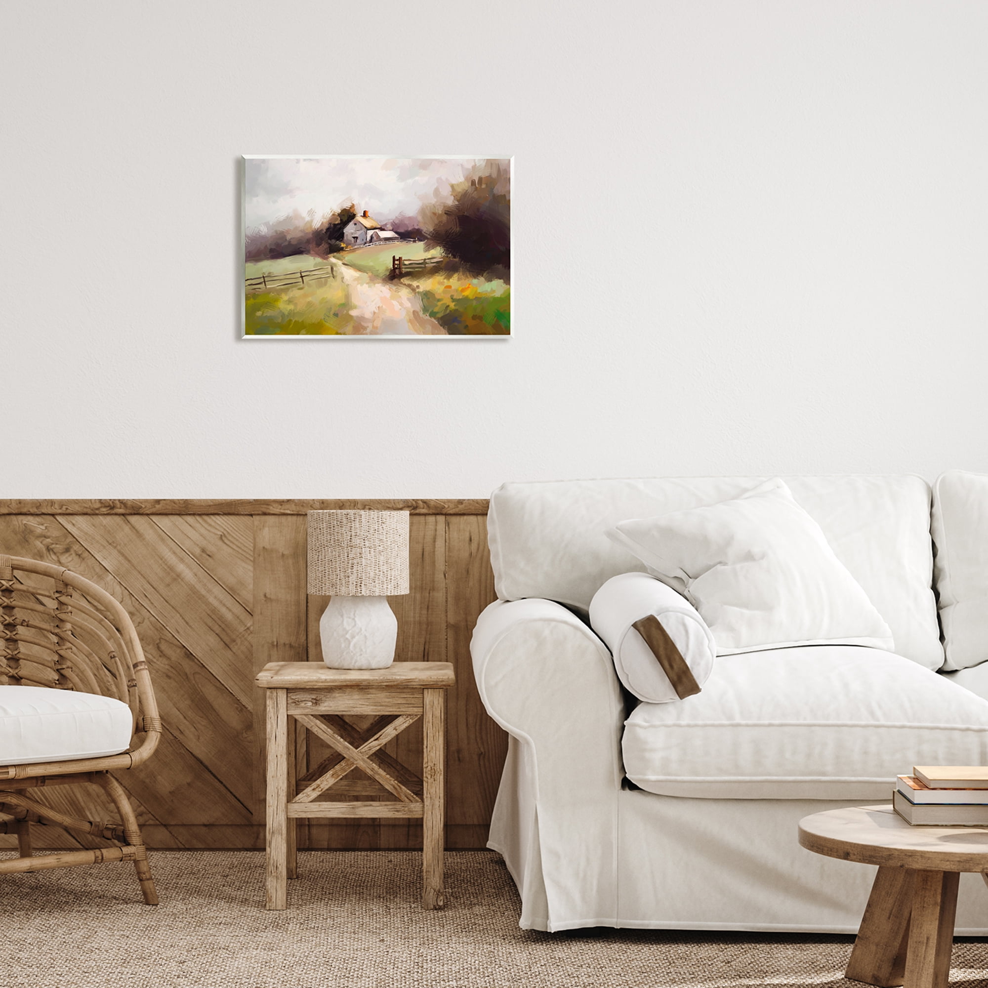Stupell Industries Country Barn with Fence Landscape Painting Unframed Art Print Wall Art, 19 x 13