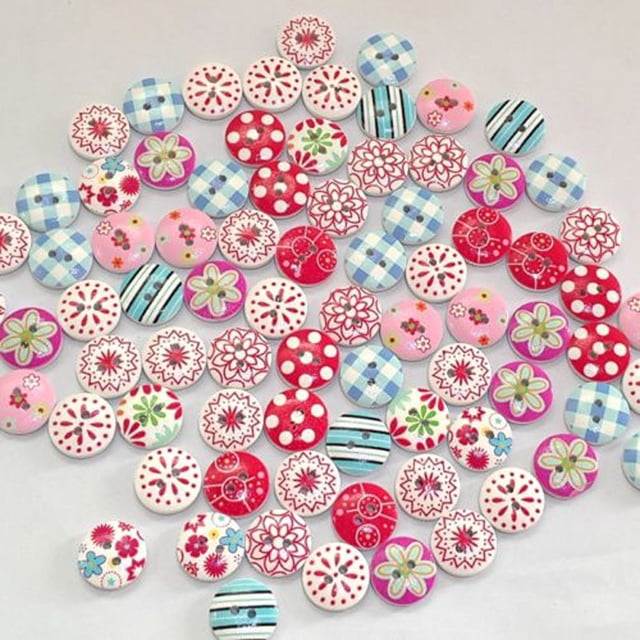 JJKBVCLO 15mm Pattern 100Pcs Printing Scrapbooking Mixed Round Holes Wood Buttons 2 Home DIY