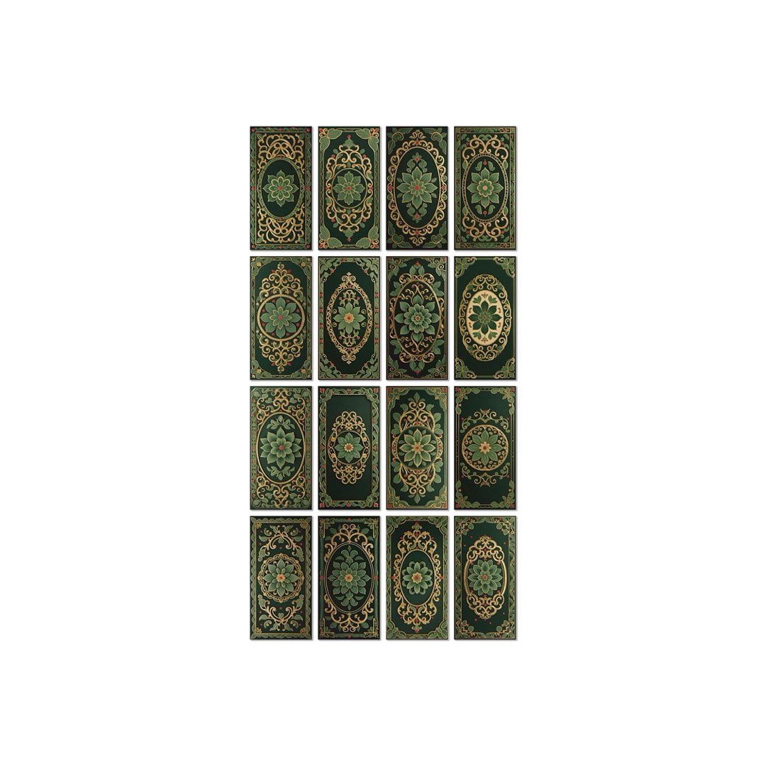 16Pcs Foaming Board Vinyl Tiles Stickers Wall Decals 8" x 4" Green Gold Flowers Pattern Waterproof Peel and Stick Backsplash Mural