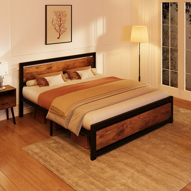 700 lbs Metal Platform Bed with Wood Headboard and Footboard, 14 Inch Industrial Rustic Frame with Underbed Storage, No Box Spring Needed, Full Queen King