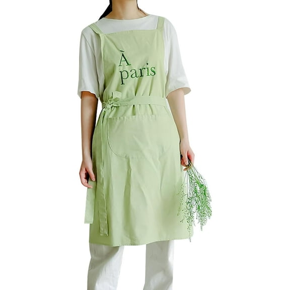 Cross Back Waterproof Cotton Linen Apron for Women with Pockets, French Embroidery Pinafore for Kitchen Garden Cook