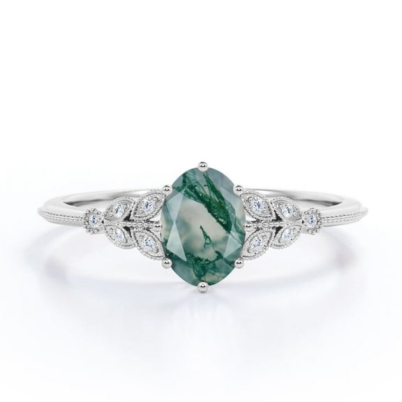 JeenMata 1.10 Carat Marquise-shape Filigree Milgrain Ovate Natural Druzy Moss Green Agate And Moissanite Cluster 6 Prong Engagement Ring In 18K White Gold Plating Over Silver