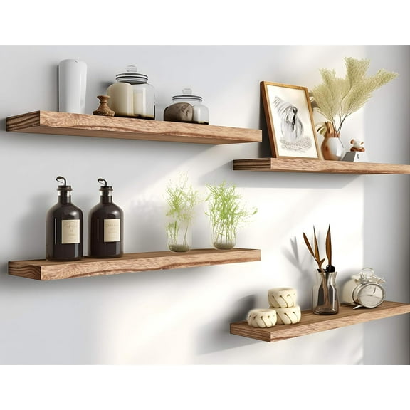24 Inch Wood Floating Shelves for Wall, Wooden Wall Shelves for Bedroom, Set of 4 Light Brown