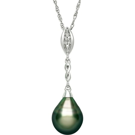 9-10mm Tahitian Black Pearl and Diamond Accent Sterling Silver Drop Pendant, 18