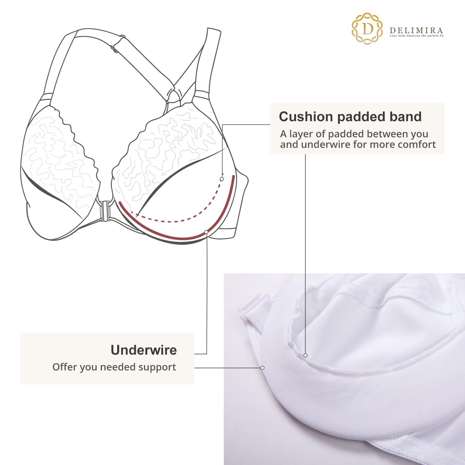 DELIMIRA Women's Front Closure Plus Size Full Coverage Lace Underwire Racerback Bra