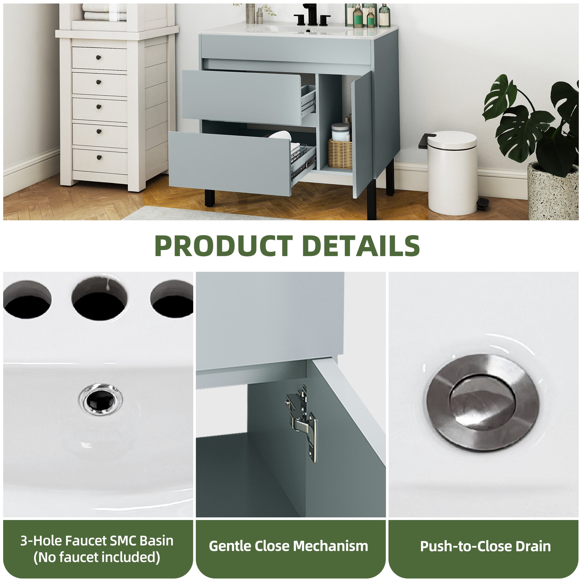 Uforic 36" Modern Free Standing Bathroom Vanity with Undermount Sink, Soft Close Door & Storage Cabinet, Gray