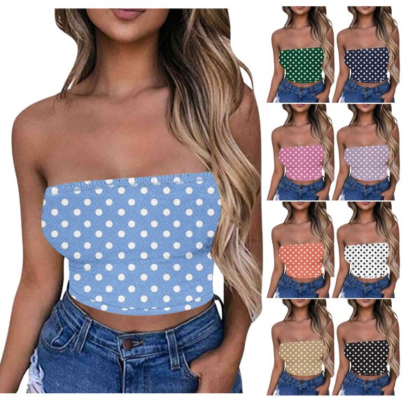 Agkizg Polka Printed Bandeau Bra Ruffled Sleeveless Top Elastic Solid Color Strapless Comfortable Bralette (Women's or Women's Plus)