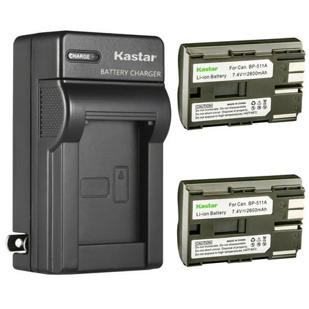 Kastar 2 Pack BP-511 BP-511A Battery and AC Wall Charger Compatible with Canon ZR60 ZR65MC ZR70MC ZR80 ZR85 ZR85MC ZR90 ZR90MC PV130 EOS Rebel DS6041 Cameras Canon Battery Grip BG-E2N