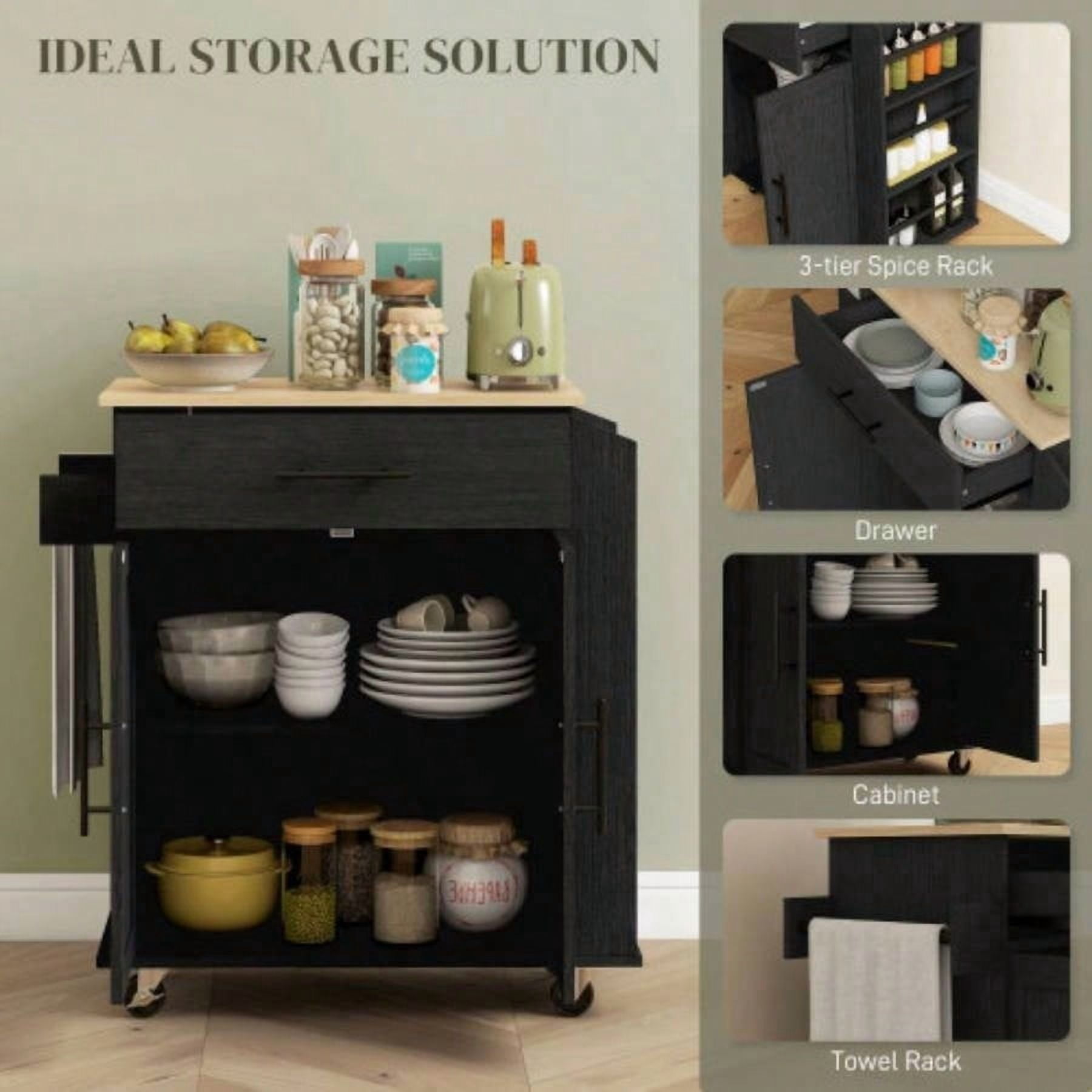 Rolling Kitchen Island Cart with Built-In AC Outlets & USB Ports, Equipped with Towel & Spice Racks, Black Color