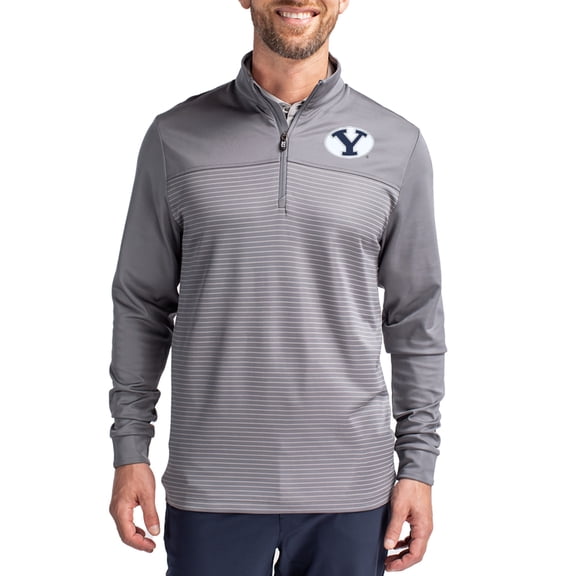 Men's-Cutter & Buck  Gray BYU Cougars Traverse Stretch Eco Stripe DryTec Tri-Blend Quarter-Zip Pullover