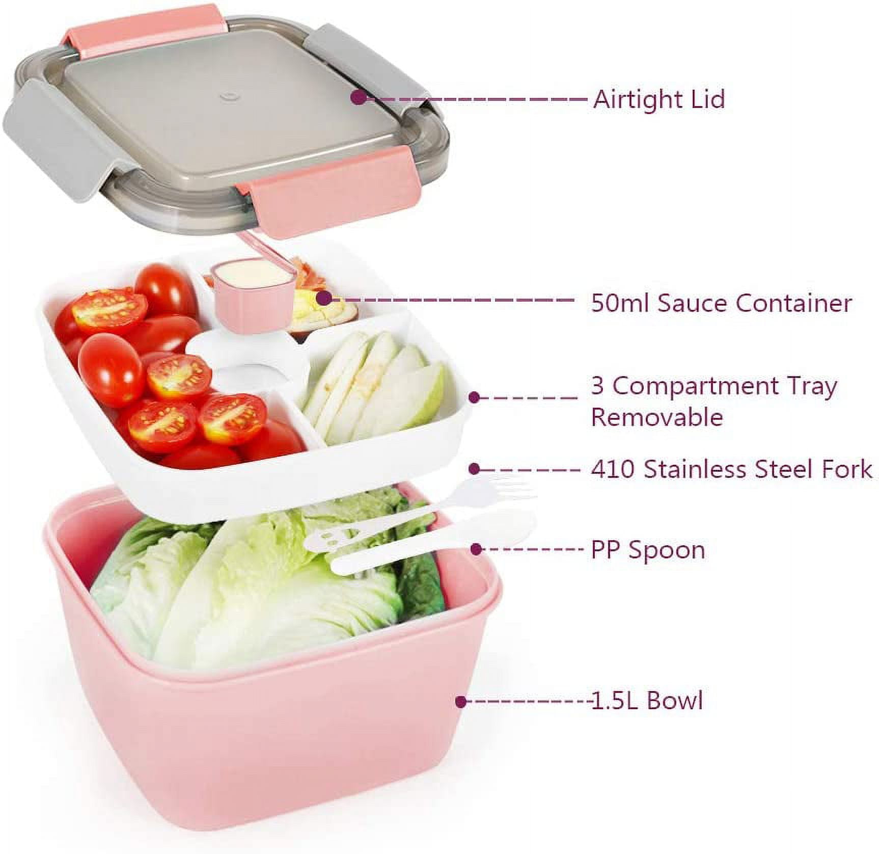 Loobuu 52 oz to Go Salad Container Lunch Container, BPA-Free, 3-Compartment  for Salad Toppings and Snacks, Salad Bowl with Dressing Container