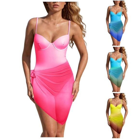 TTUHYWXI Women One Piece Swimsuit with Cover Up Skirt Tummy Control Swimsuits Slimming Mesh Sheer Sarong Wraps Bathing Suit (Sky Blue, XL)