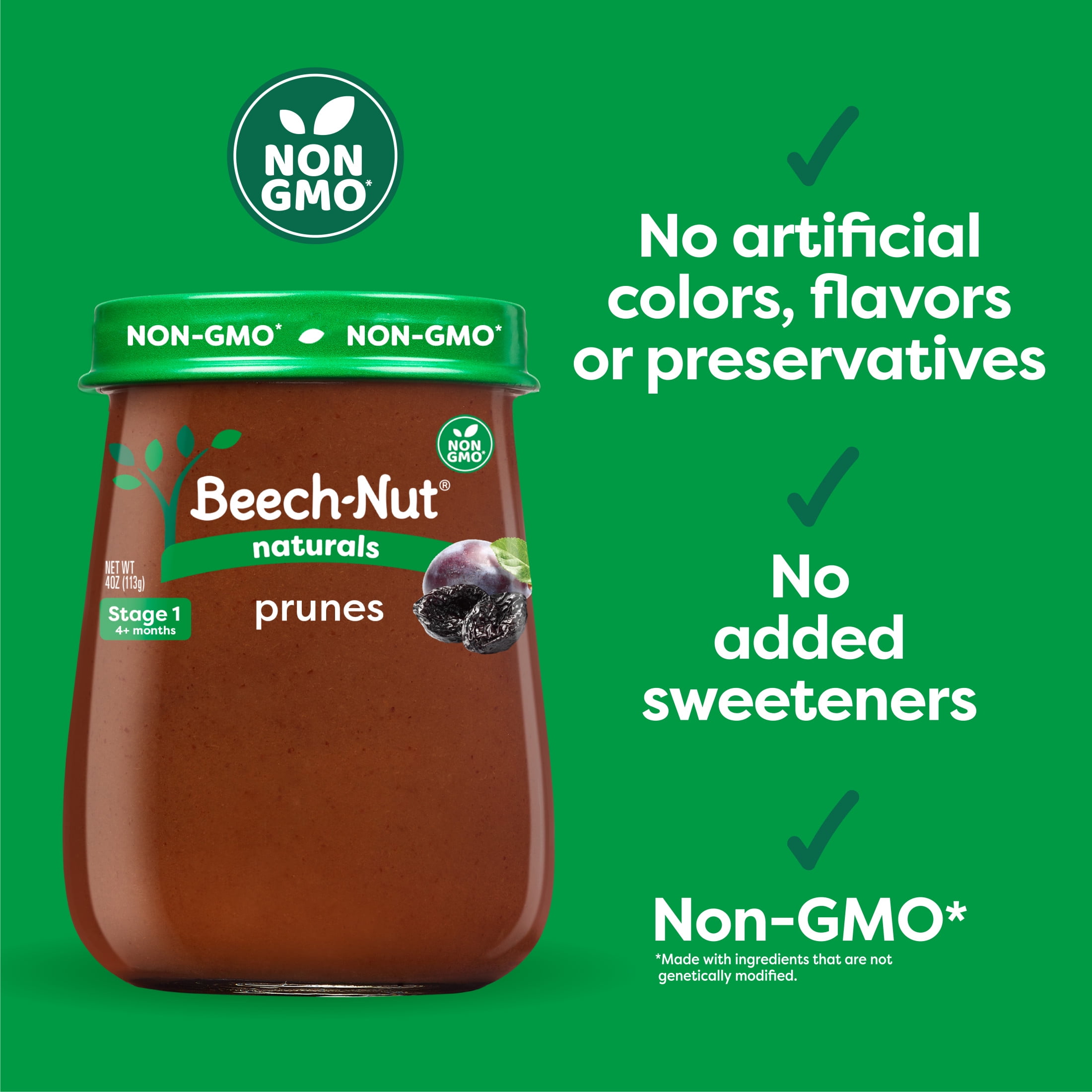 (6 pack) Beech-Nut Naturals Stage 1 Baby Food, Prunes, 4 oz Jar