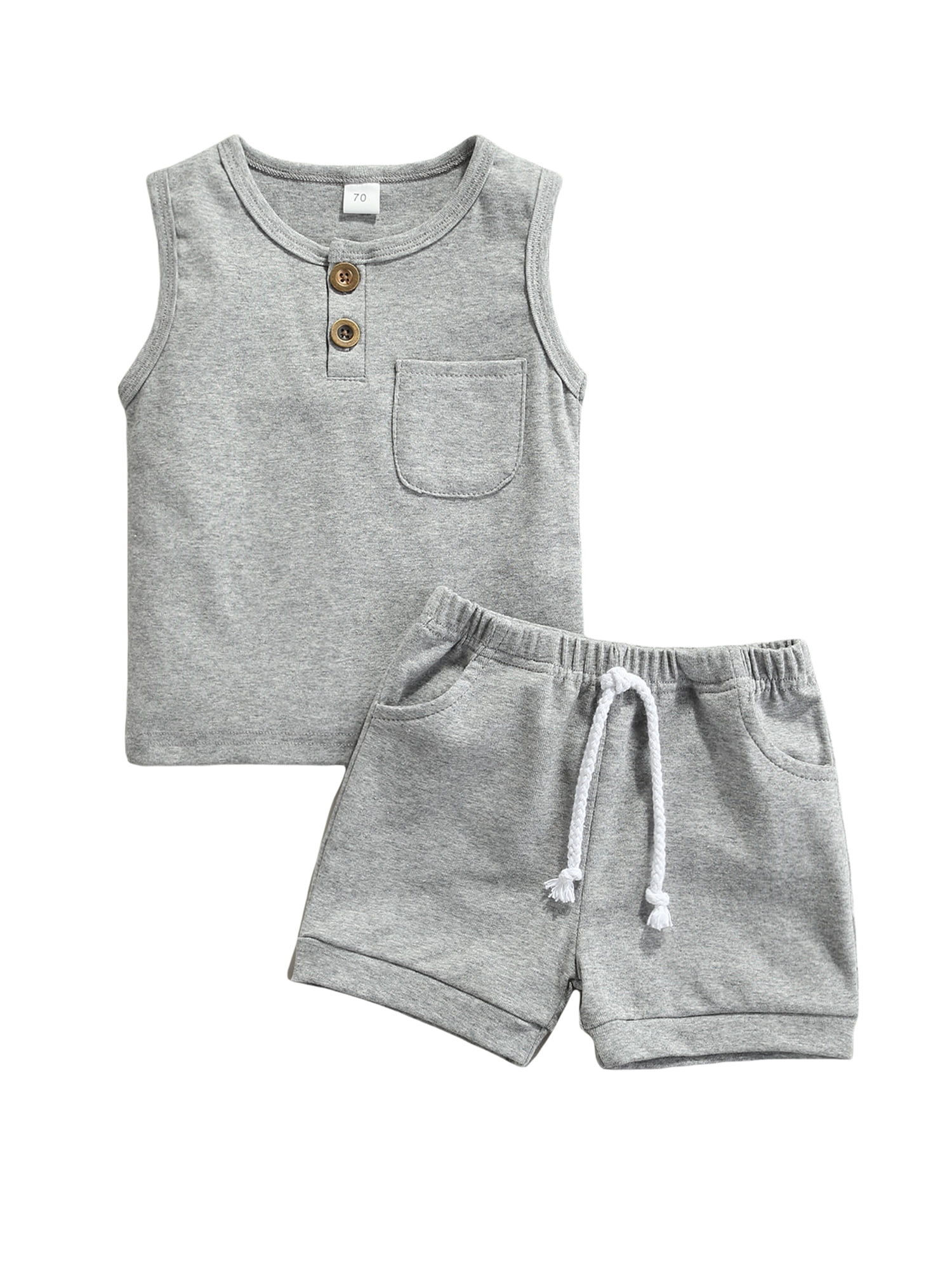 Toddler Baby Girl Boy Summer Knitted Outfit Ribbed Sleeveless Button Tank Top Drawstring Shorts 2Pcs Ribbed Clothes Set
