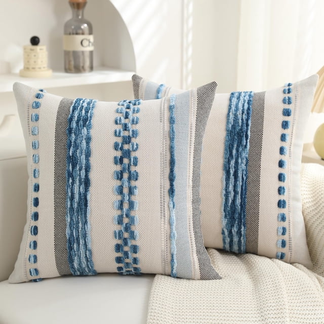 Juego de 2 fundas de almohada PLEPATE Boho Chenille de 45 x 45 cm, color azul