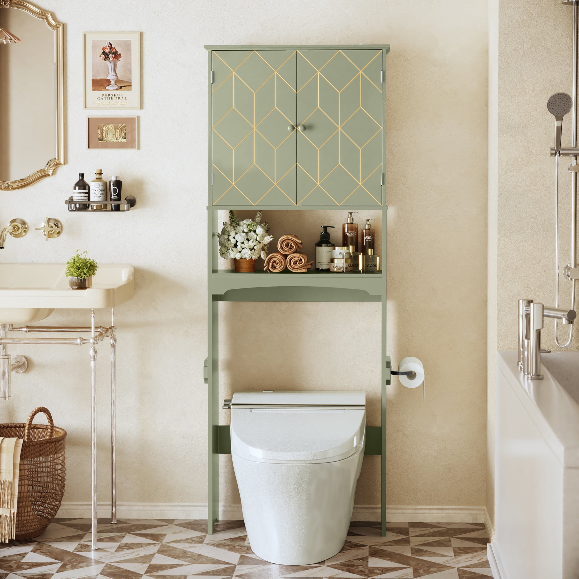 Over the Toilet Storage with Geometric Design, Bathroom Organizer with Toilet Paper Holder, Green
