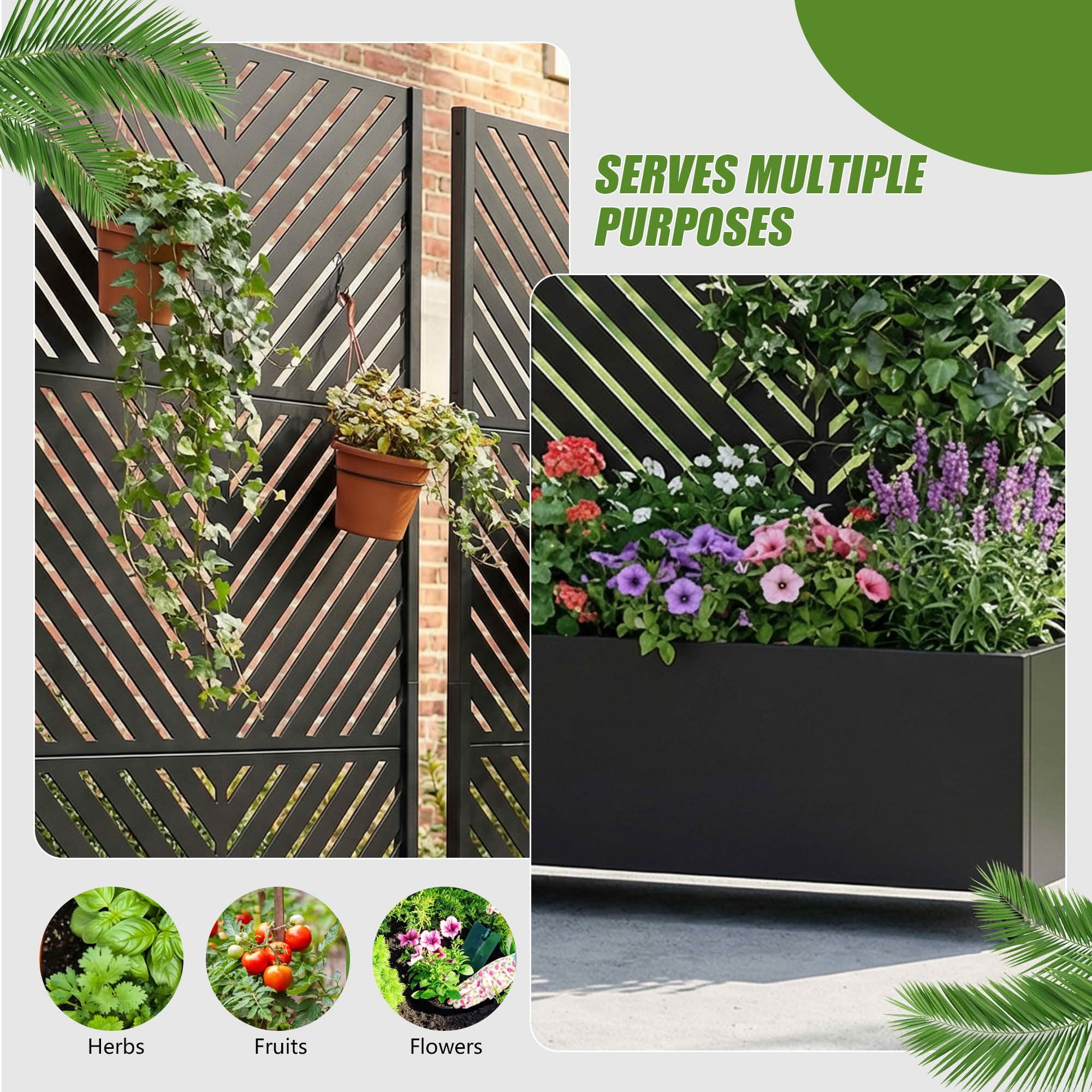 MAYEERTY 72X35" Metal Outdoor Black Privacy Screen with Planter Box for Backyard & Garden, 3 Piece Set, Double‑sided Installation