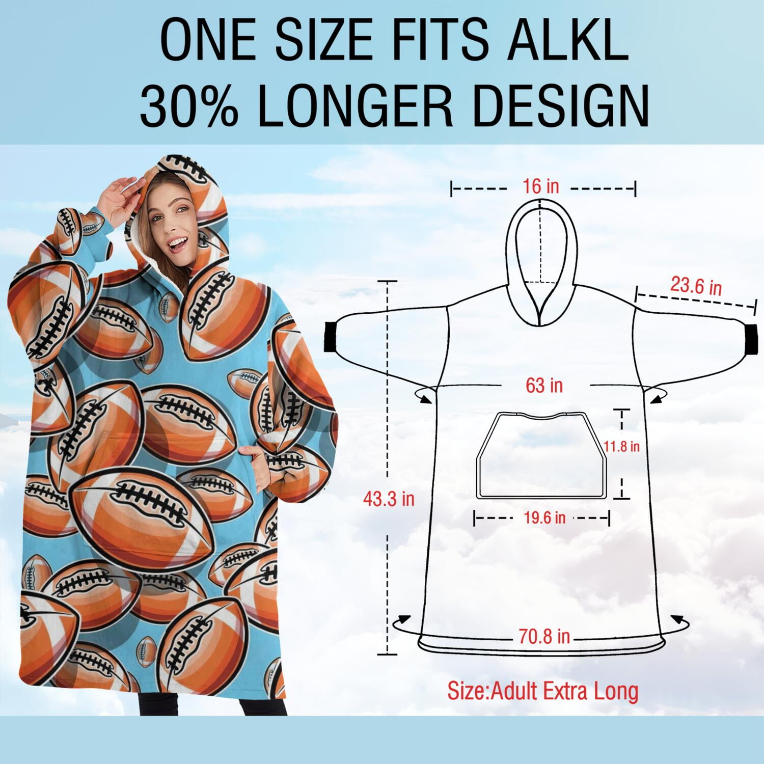 Oversized Wearable Blanket Hoodie,Football Sticker Pattern Sherpa Blanket Hoodie with Super Pockets,Super Warm Fuzzy Pullover for Women & Men