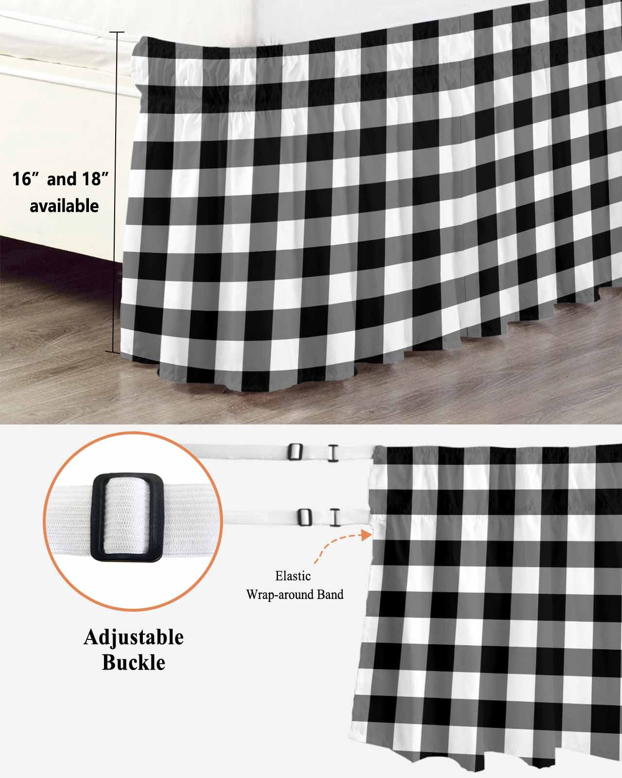 Black White Plaid Wrap Around Bed Skirts for Queen Bed 16" Drop,Bed Skirt with Adjustable Elastic Belt Dust Ruffle Bed Valance for Bedroom Hotel Gradient Geometric Buffalo Checkered Bed Frame Cover