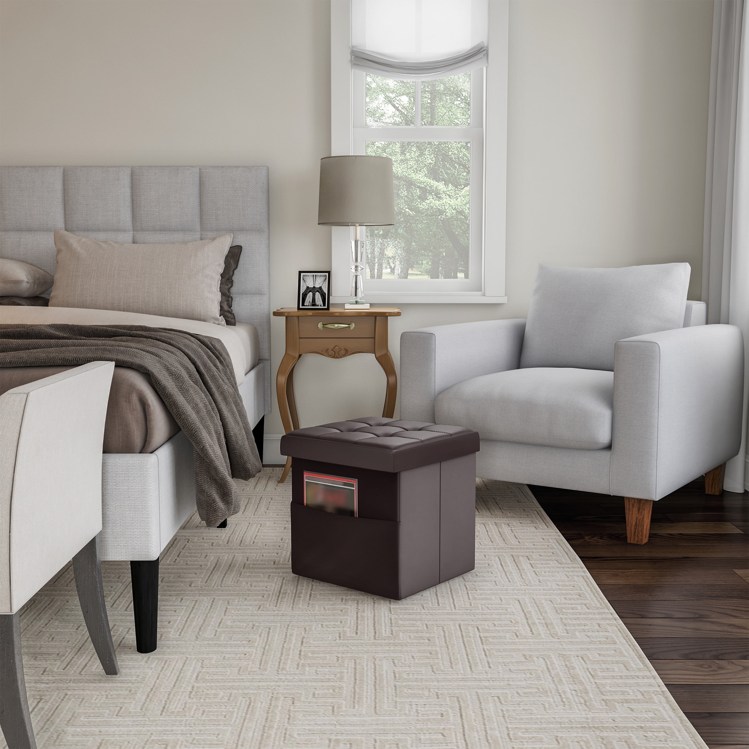 Lavish Home 15-inch Folding Tufted Faux Leather Storage Ottoman with Pocket (Brown)