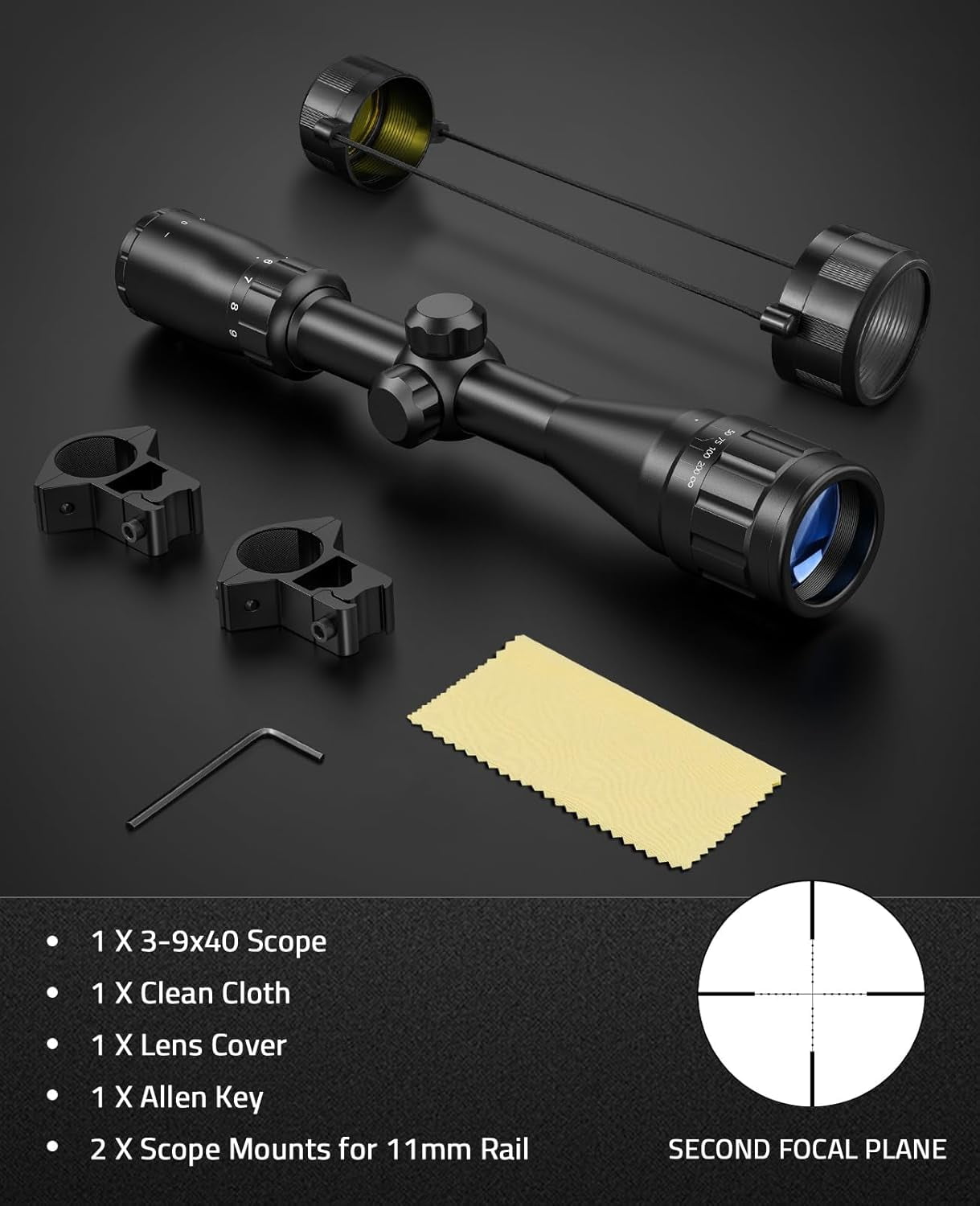 SharpOptics 3-9x40AO Rifle Scope Optics R4 Reticle Crosshair Scope with Mounts