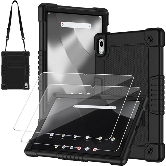 FIEWESEY for Walmart Onn 11 inch Tablet Pro 2024 Model Case/Onn 11 inch Tablet Pro (100146660) 2024 Case Kids Friendly with Shoulder Strap Stand 2Pcs Tempered Glass Screen Protector (Black 2Pcs)