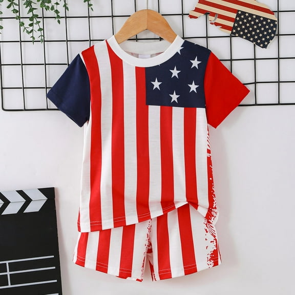 ATOGUTA Boys Breathable Sets Summer Short Sleeve T-Shirt and Shorts Kids 4th of July Outfit Set Red, Size 4-8 Years