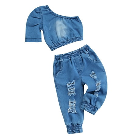 

Canis Girls Denim Solid Color One-shoulder Tops and Ripped Long Pants Set