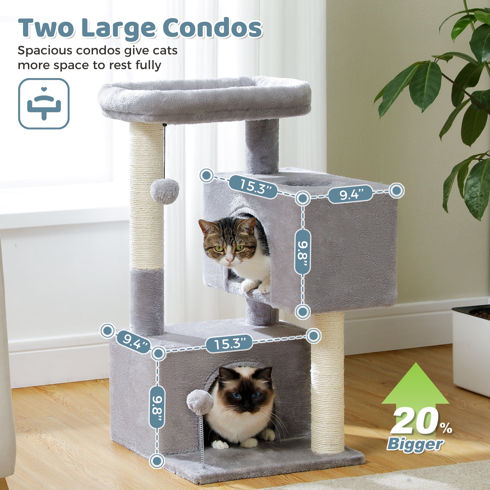 PAWZ Road 31.5" Modern Cat Tree Tower with Dual Large Condos for Kitten ＆ Medium Size Cat Gray