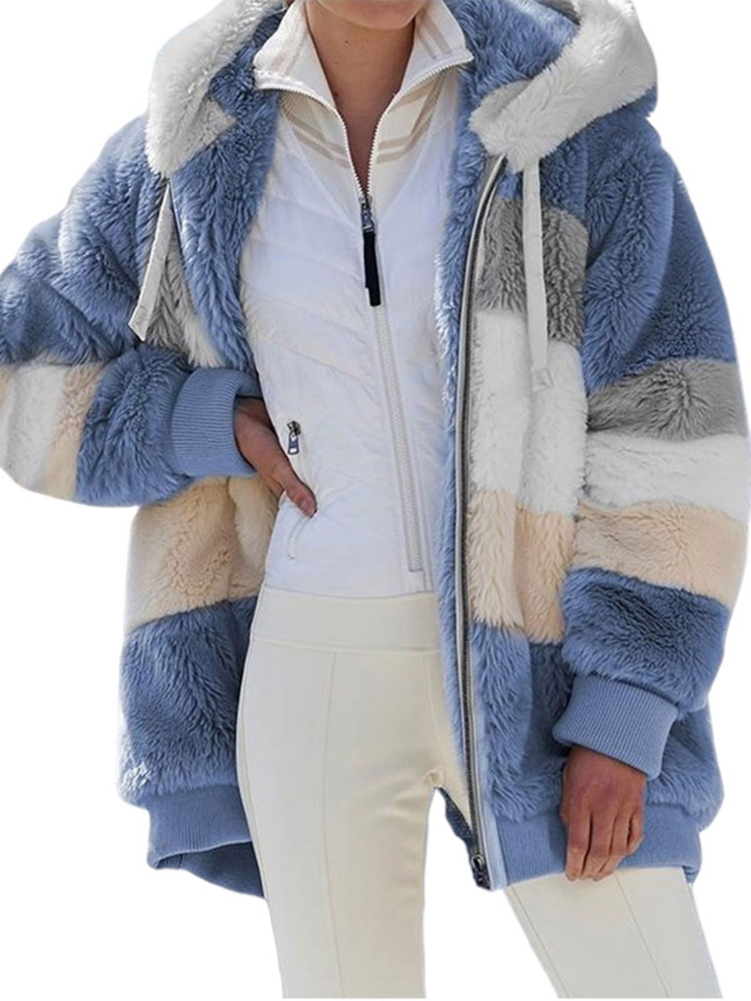 Sidefeel Women Open Front Hooded Cardigan Fleece Pocket Coat Outwear
