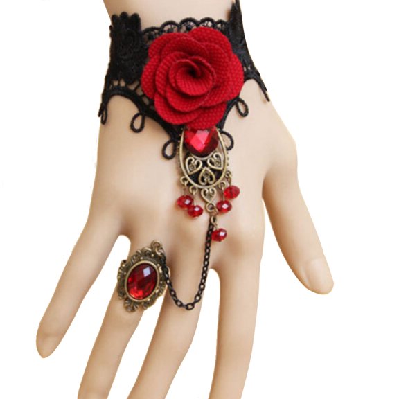 Ayyufe Elegant Women Gothic Lace Rose Flower Bracelet with Adjustable Finger Ring