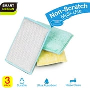 Smart Design Non Scratch Scrub Sponge with Bamboo Odorless Rayon Fiber - Set of 3 - Ultra Absorbent - Soft and Scrubber - Cleaning, Dishes, and Hard Stains - Kitchen - Yellow, Mint, Blue