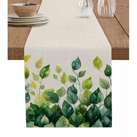 Green Leaves Table Runner 70 Inches, Vintage Simple Eucalyptus Leaf Vines Plants Bed Runner Dresser Scarves Tabletop for Indoor Outdoor Parties/Ceremony/Banquet, 13" x 70"