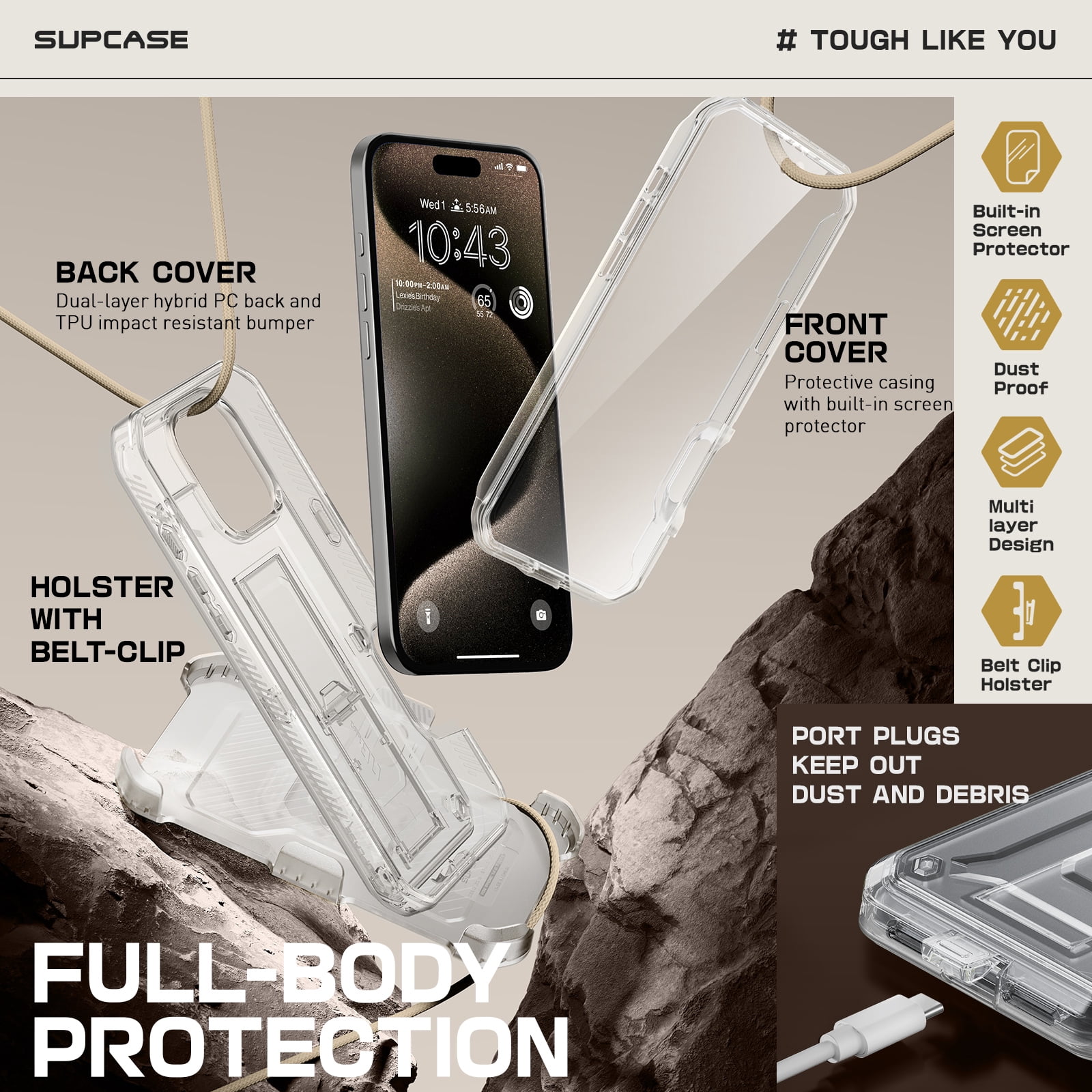 SUPCASE Unicorn Beetle Pro for 2024 Apple iPhone 16 Pro Max 6.9" Case with Screen Protector, [Built-in Stand & Belt-Clip] [Military-Grade Protection] Phone Case Cover for iPhone 16 Pro Max, Clear