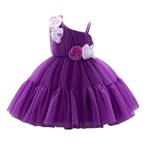 Toddler Girl Dress Baby Sleeveless 3D Flowers Elegant Dance Party Mesh Dress Dresses for Girls Purple 18-24 Months