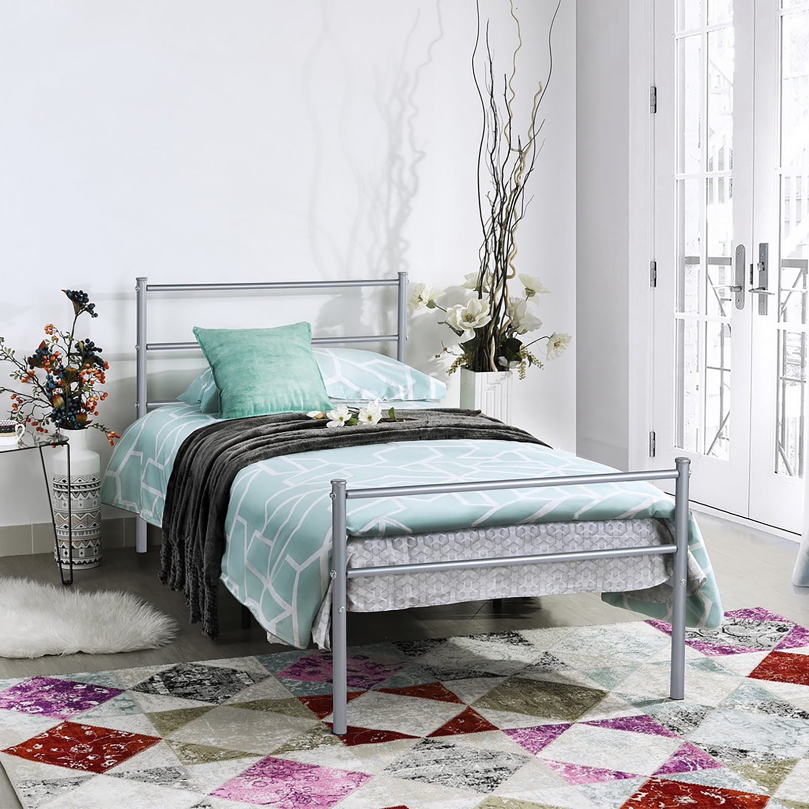 Voilamart Twin Metal Bed Frames with Storage, Single Bed with Headboard