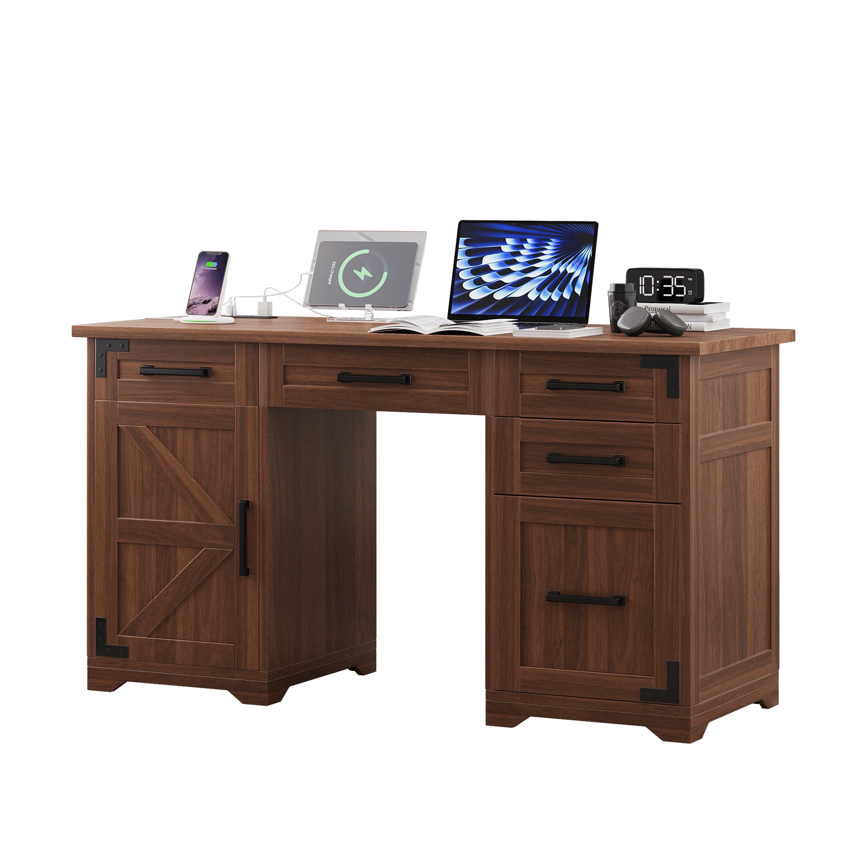 Mintazer 55" Farmhouse Executive Desk with Charging Station & Storage Cabinets, Computer Desk with 5 Drawer for Home Office, Walnut