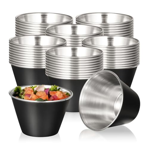 Fit Meal Prep [120 Pack] 4 oz Stainless Steel Sauce Cups - Matte Black Individual Round Condiments Ramekins, Commercial Grade Safe/Portion Dipping Sauce Kitchen Set