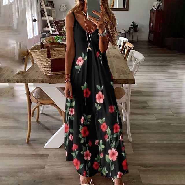 SMihono Robe Maxi Bohème d'Été pour Femmes Grande Taille Mode pour Femmes à Bretelles Taille Mi-Haute Col en V Sans Manches à Rayures Imprimées Ajustée Robe Longue de Plage Robe Évasée de Plage