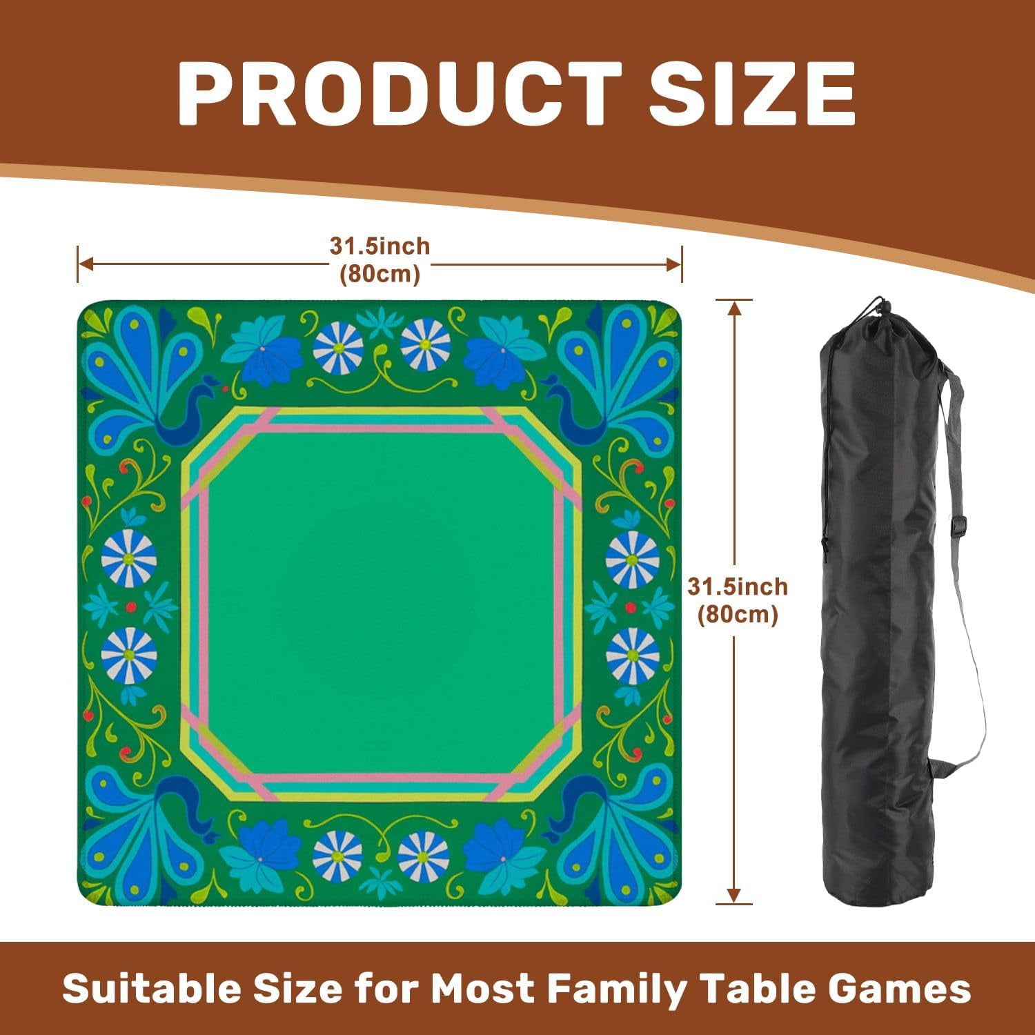 Mahjong Mat with Carrying Bag 31.5" x 31.5" Non-Slip Noise Reduction Abstract Floral Motifs Vibrant Colors Table Mat for Mahjong Poker Dominoes Card Board Tile Games
