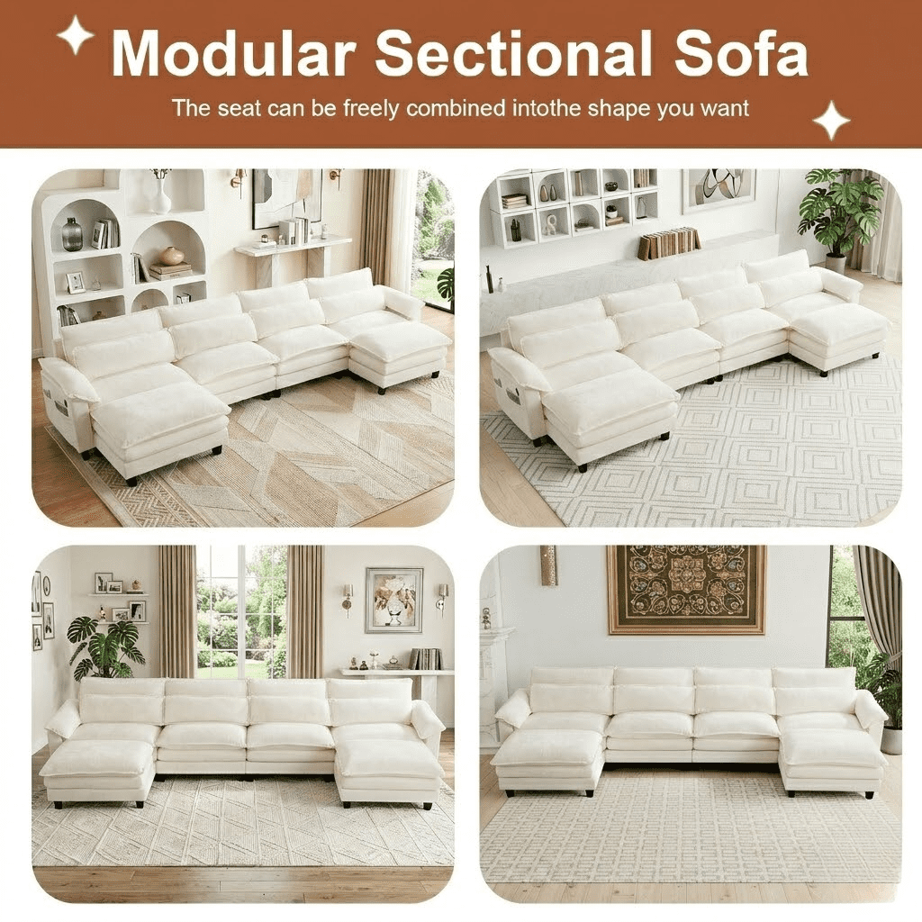 Howcool 148" Modular Sectional Sofa , 4 Seater U-Shaped Cloud Couch with Movable Ottoman, USB Charging Ports & Side Pockets, Sectional couchs for Living Room,Chenille Fabric,Beige(Thick Sponge)