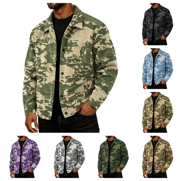 gzxflxpge Corduroy Jacket for Men Causal Classic Fit Camo Printed Snap Button Coat Vintage Long Sleeve Lapel Collared Fall Winter Outerwear with Pockets Army Green 3XL